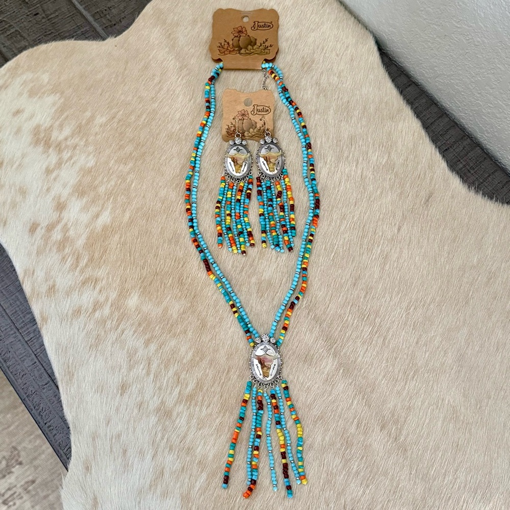 Justin Western Longhorn Turquoise Beaded Necklace Earrings Set NWT Cowgirl Boho